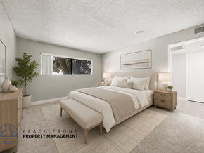Los Angeles apartment for rent - A well-lit bedroom with a large bed and a window.
