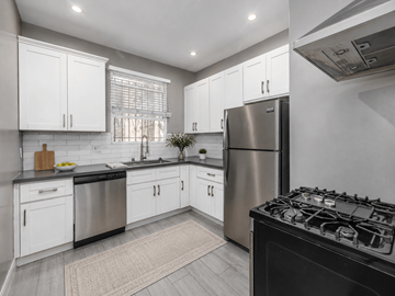 Los Angeles apartment for rent - A modern kitchen with white cabinets and stainless steel appliances.