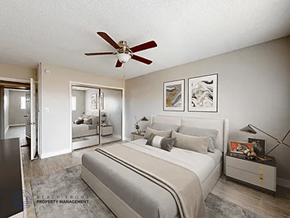 Inglewood apartment for rent - A bedroom with a bed, dresser, and mirror.