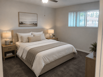 Norwalk apartment for rent - A bedroom with a large bed and a painting on the wall.