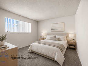 Hawthorne apartment for rent - A bedroom with a bed, nightstands, and a window with blinds.