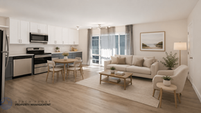 Long Beach apartment for rent - A well-lit, modern kitchen with a dining table and chairs in the foreground.