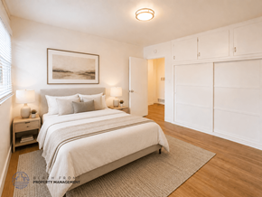 Redondo Beach apartment for rent - A bedroom with a large bed and a painting on the wall.