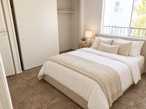 San Pedro apartment for rent - A bedroom with a large bed and a carpeted floor.