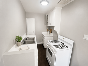 Wilmington apartment for rent - A white kitchen with a stove, sink, and cabinets.