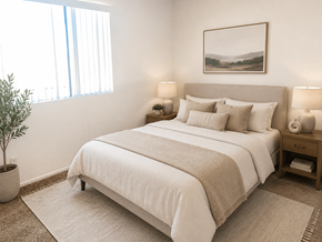 Torrance apartment for rent - A bedroom with a large bed and a potted plant.