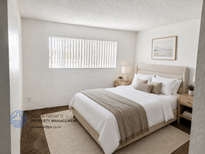 Harbor City apartment for rent - A bedroom with a large bed and a window with blinds.
