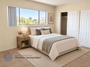 Inglewood apartment for rent - A bedroom with a large bed and a window overlooking the trees.
