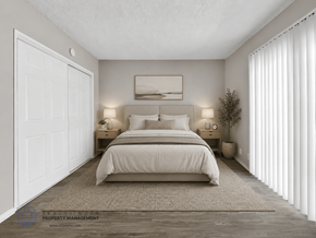 La Puente apartment for rent - A bedroom with a large bed, two nightstands, and a window with blinds.