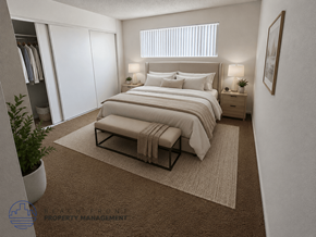 Inglewood apartment for rent - A bedroom with a large bed, a bench, and a plant.