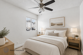 Hawthorne apartment for rent - A well-lit bedroom with a large bed, a ceiling fan, and a small table with a plant on it.