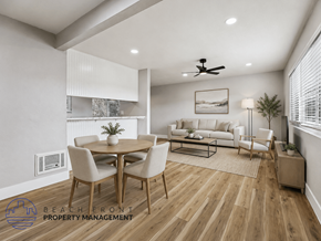 Lomita apartment for rent - A well-lit, modern dining room with a wooden floor and a white ceiling fan.