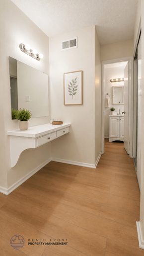 La Habra apartment for rent - A bathroom with a wooden floor and white walls.