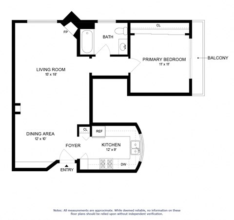 Floor plan for 1 bed, 1 bath, 731 sqft