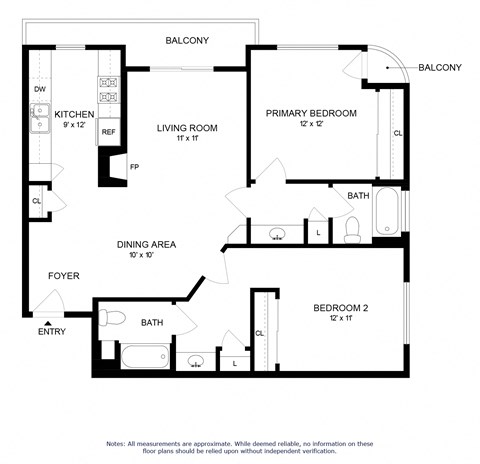 Floor plan for 2 beds, 2 baths, 963 sqft