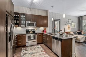 Dallas apartment for rent - A modern kitchen with dark wood cabinets and stainless steel appliances.