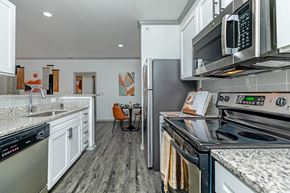 San Antonio apartment for rent - a kitchen with stainless steel appliances and white cabinets