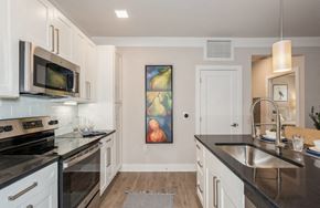 Warrenville apartment for rent - A kitchen with black countertops and white cabinets.