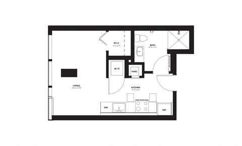 Floor plan for studio, 1 bath, 424 sqft