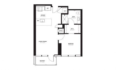 Floor plan for 1 bed, 1 bath, 671 sqft