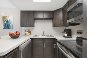 Roselle apartment for rent - a kitchen with dark cabinets and white counter tops and a sink