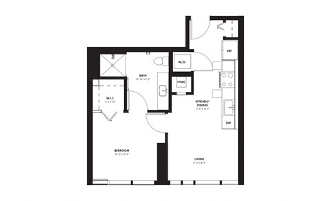 Floor plan for 1 bed, 1 bath, 563 sqft