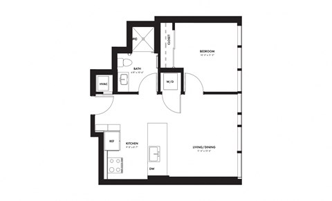 Floor plan for 1 bed, 1 bath, 595 sqft