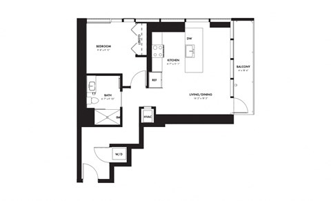 Floor plan for 1 bed, 1 bath, 709 sqft