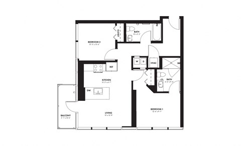 Floor plan for 2 beds, 2 baths, 901 sqft