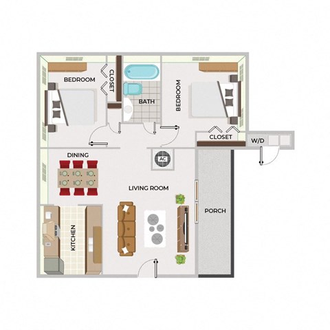 Floor plan for 2 beds, 1 bath, 805 sqft