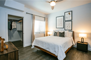 Las Vegas apartment for rent - A bedroom with a bed, nightstand, and a ceiling fan.