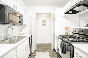 Dallas apartment for rent - a white kitchen with stainless steel appliances and white cabinets