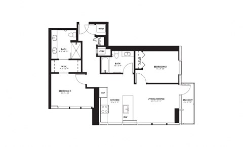 Floor plan for 2 beds, 2 baths, 1009 sqft