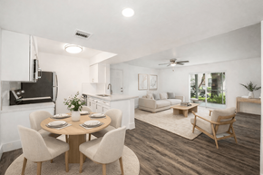 Naples apartment for rent - A modern dining room with a wooden table and chairs.
