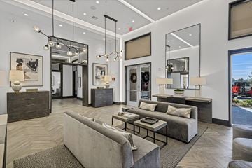 Spring apartment for rent - A modern living room with a grey sofa and a glass coffee table.