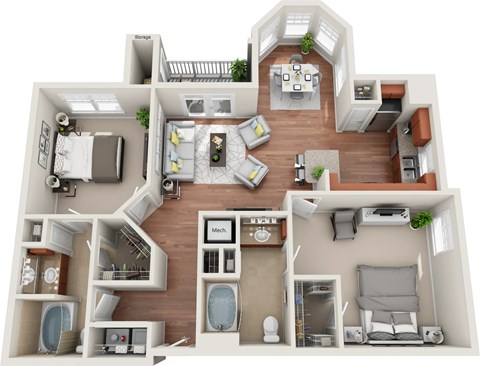Floor plan for 2 beds, 2 baths, 1177 sqft