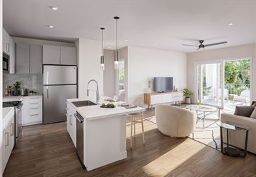 Austin apartment for rent - A modern kitchen with a large island in the middle.