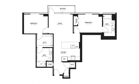 Floor plan for 2 beds, 2 baths, 1104 sqft