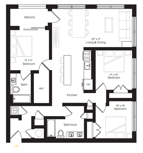 Floor plan for 3 beds, 2 baths, 1226 sqft