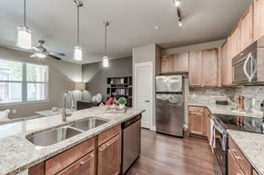 Katy apartment for rent - A kitchen with a sink, refrigerator, and a window.