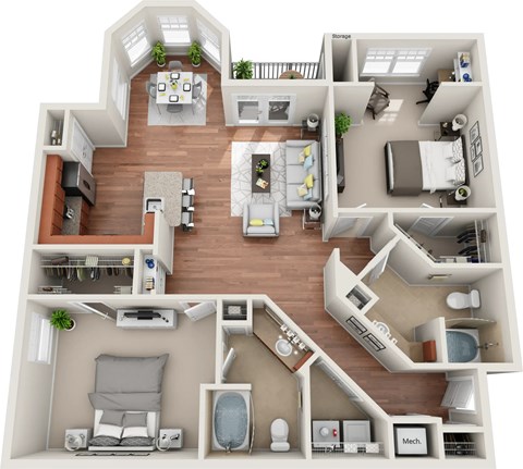 Floor plan for 2 beds, 2 baths, 1340 sqft