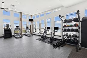 Dallas apartment for rent - A spacious gym with a variety of exercise equipment and a large window.