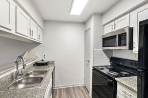 Houston apartment for rent - a kitchen with a sink and a stove and a microwave