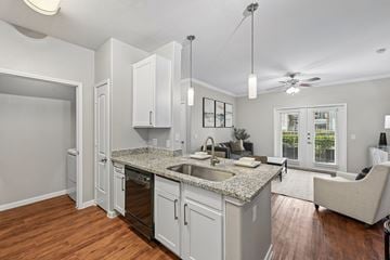 Houston apartment for rent - A kitchen with white cabinets and a granite countertop.