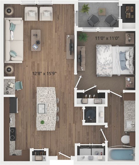 Floor plan for 1 bed, 1 bath, 677 sqft