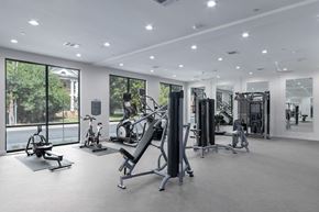 Dallas apartment for rent - A spacious gym with a variety of equipment and a view of trees outside the windows.