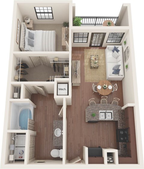Floor plan for 1 bed, 1 bath, 706 sqft