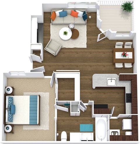 Floor plan for 1 bed, 1 bath, 725 sqft