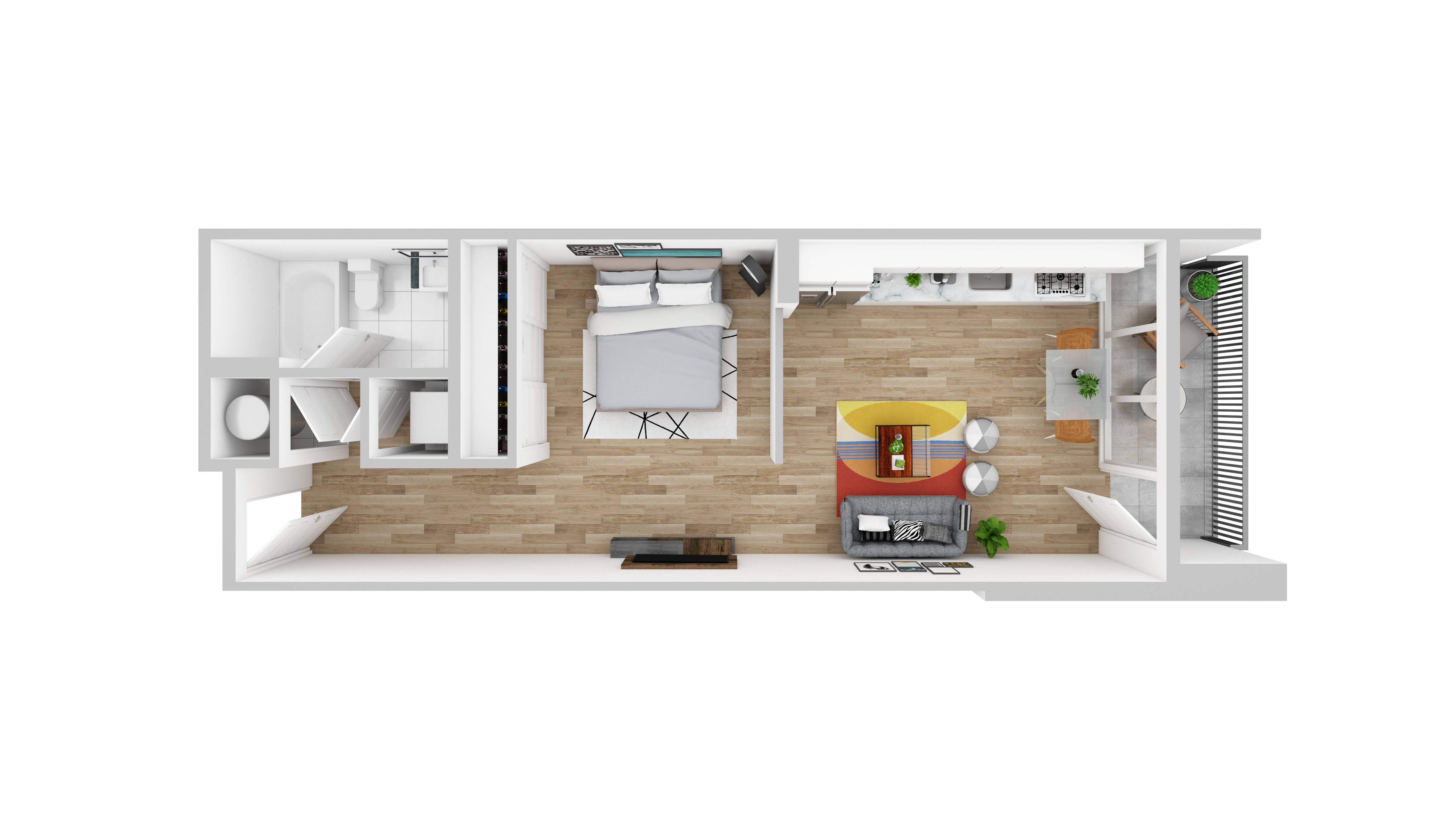 Floor plan for studio, 1 bath, 565 sqft