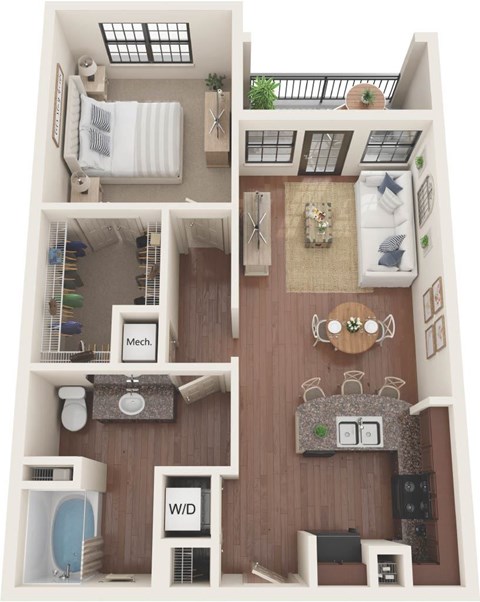 Floor plan for 1 bed, 1 bath, 783 sqft